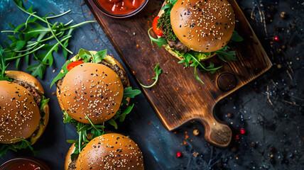 Three sesame seed burgers with fresh greens and tomatoes on a rustic wooden board with condiments.
 - Powered by Adobe