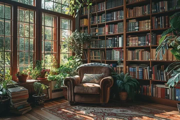 Foto op Aluminium A sun-drenched bohemian living room with overflowing bookshelves and a plush velvet armchair. © Mr Arts