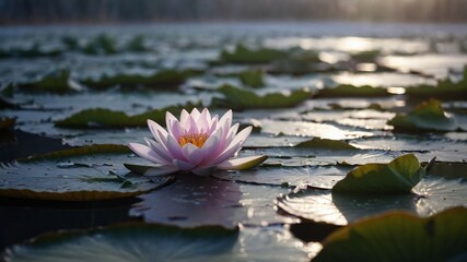 A Fresh and white Beautiful Lotus Flower is Blooming and glowing in the morning in a pond.