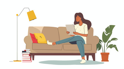 Freelancer woman with notebook on sofa at home. vector