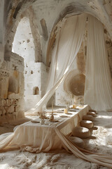 elegant wedding table setting with a white bouquet 
