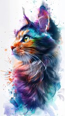 Vertical cute cat painting grpahic design in watercolor style