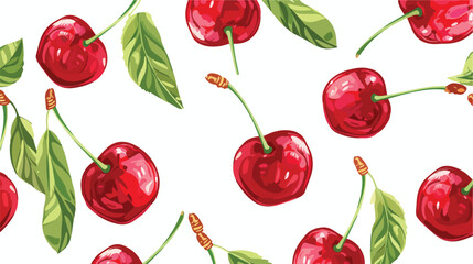 Fresh ripe cherry with stems and leaves hand drawn se - obrazy, fototapety, plakaty