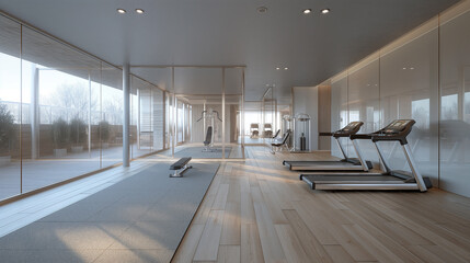 modern fitness center or home with large windows and white walls, a comfortable place for sports,...