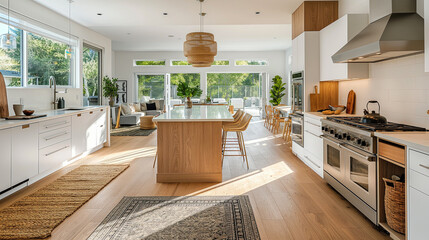 Kitchen interior in beautiful new luxury home with kitchen island and wooden floor, bright modern minimal style
