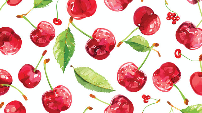 Fresh ripe cherry with stems and leaves hand drawn se