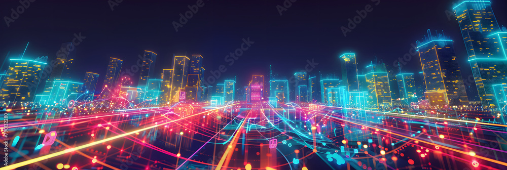 Poster smart city and abstract dot point connect with gradient line and aesthetic intricate wave line desig