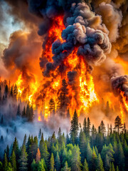 Vibrant woodland blaze, soaring fire and dense fumes. Ecological crisis scenario