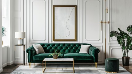 Modern living room template with green velvet sofa, coffee table, pouf, gold decoration, plant, lamp, carpet, mock-up poster frame, and elegant accessories.