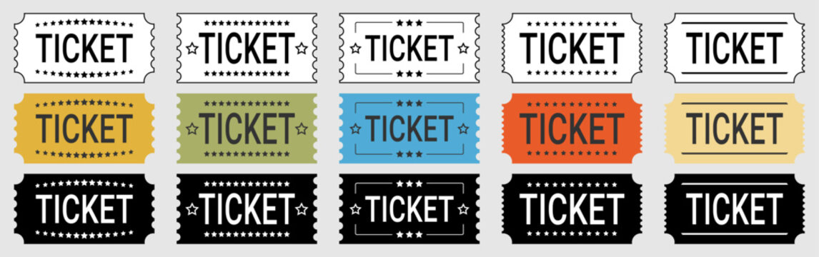 Set of black, white and color retro tickets, vector.
