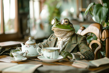 A frog in an elegant suit and monocle, sitting at a table with a porcelan tea set in his hand. - 790132676