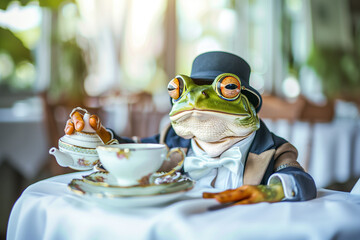 A frog in an elegant suit and monocle, sitting at a table with a porcelan tea set in his hand. - 790132688