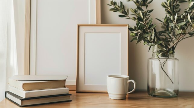 Still life of a breakfast still life composed of a cup of coffee, books, and an empty picture frame mockup on a wooden desk. Vase with olive branches. Scandinavian working space interior concept.