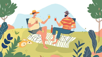 Gay couple talking at picnic. Friends drinking cockta