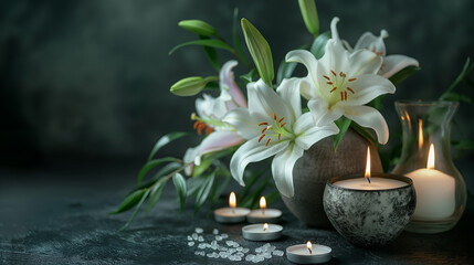 white lilies and candles on a black funeral background with space for text, farewell and funeral - obrazy, fototapety, plakaty