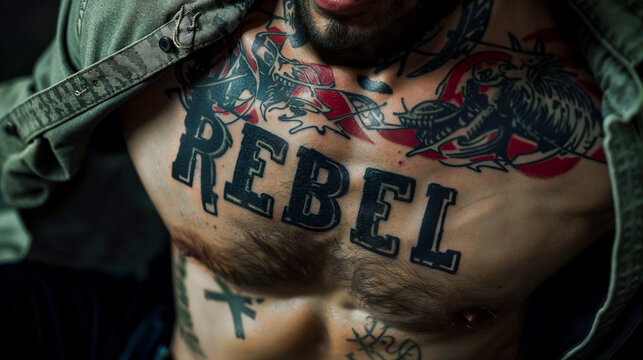 un homme tatou&eacute; torse nu avec un tatouage ou il est &eacute;crit REBEL