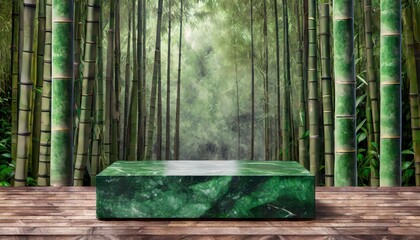 Empty product podium with jade green rectangle and a bamboo forest background