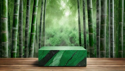 Empty product podium with jade green rectangle and a bamboo forest background

