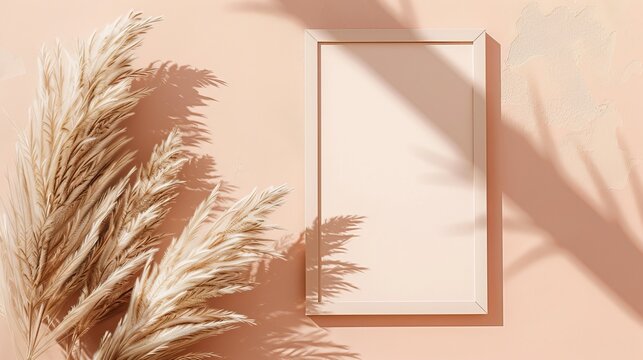 This mockup features a blank photo frame and dried pampas grass over a beige pastel background with fashionable shadows and sunlight. Photo cards feature space for logos and text.