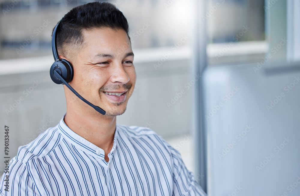 Poster Man, telemarketing and headset at computer or call centre for technical support, solution or crm. Male person, face and smile for customer service at help desk as it advisor, consultation or contact
