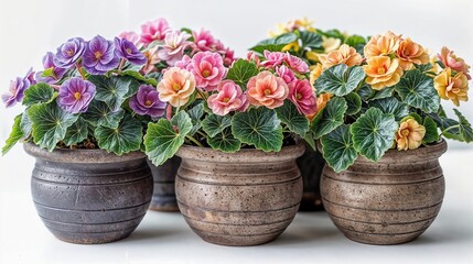 A collection of indoor flowering plants in bloom in glazed terracotta pots against a white background