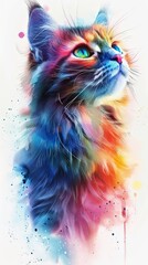 Funny cat poster design in multicolor watercolor wallpaper style