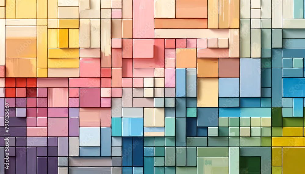 Poster an abstract background with a pastel color palette featuring blocky, geometric shapes. each shape sh