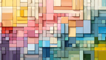 An abstract background with a pastel color palette featuring blocky, geometric shapes. Each shape should display a thick