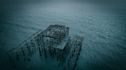 Aerial view of an old abandon pier in Brighton, East Sussex, UK
