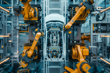 Fototapeta premium Automated robots working on assembling a car in a factory setting