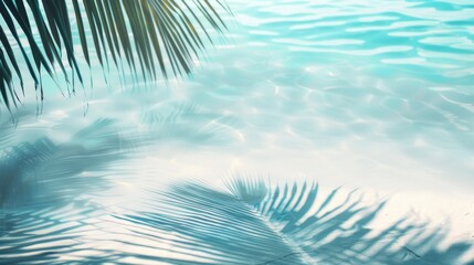 Fototapeta na wymiar Beautiful abstract background concept banner for summer vacation at the beach with palm leaf shadows on the abstract white sand beach background, and sun lights on the water surface.