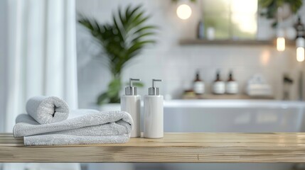 The background of a bathroom is blurred and features a podium for the display of products and a towel