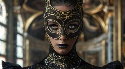 Mysterious Woman in Ornate Black and Gold Masquerade Mask, Luxurious Elegance