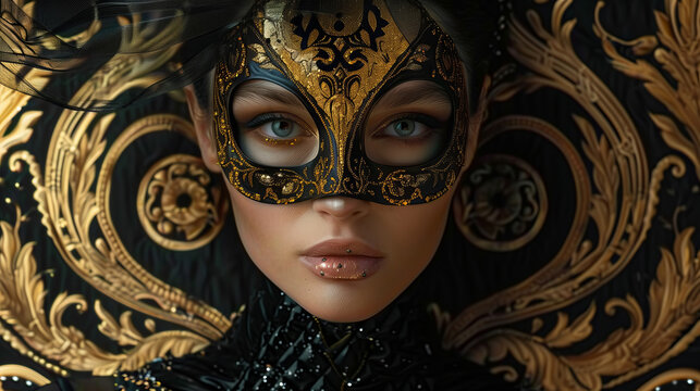 Intricate Baroque Mask on a Woman, Refined Golden Elegance and Mystery
