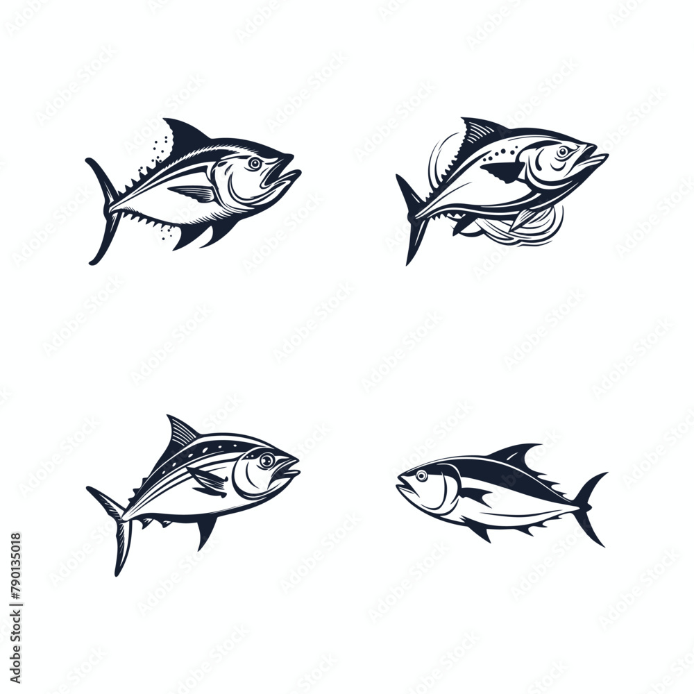 Wall mural vector set of linear logos and emblems - fish and fishing - abstract design elements