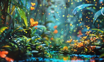Illustrate a magical forest scene emerging from a close-up holographic display, blending vibrant colors and delicate lines in an acrylic traditional art medium