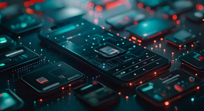 circuit board with a mobile phone in the center