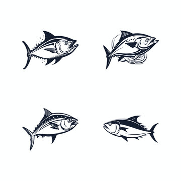 Vector set of linear logos and emblems - fish and fishing - abstract design elements
