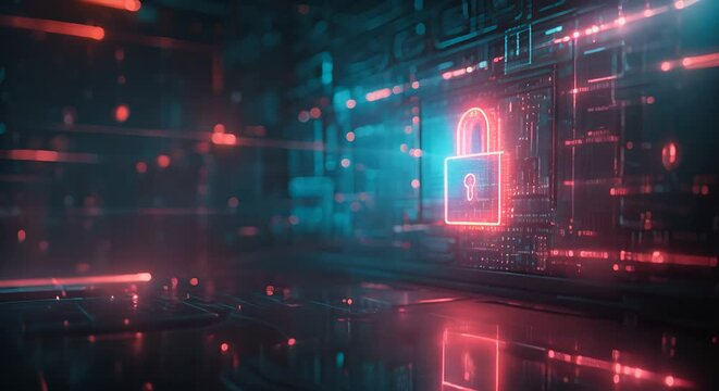 Binary code with a glowing red padlock.