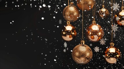 Banner template for Christmas celebrations - Gold Christmas balls and Christmas baubles isolated on black background. - obrazy, fototapety, plakaty