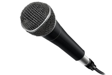 The photo showcases a sleek, professional microphone with a shiny metal mesh head and a black body, set against a dark background, suggesting its use in music, broadcasting, or public speaking.