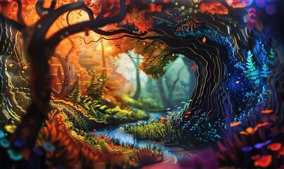 Illustrate a magical forest scene emerging from a close-up holographic display, blending vibrant colors and delicate lines in an acrylic traditional art medium - obrazy, fototapety, plakaty
