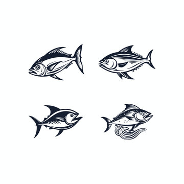 Vector set of linear logos and emblems - fish and fishing - abstract design elements
