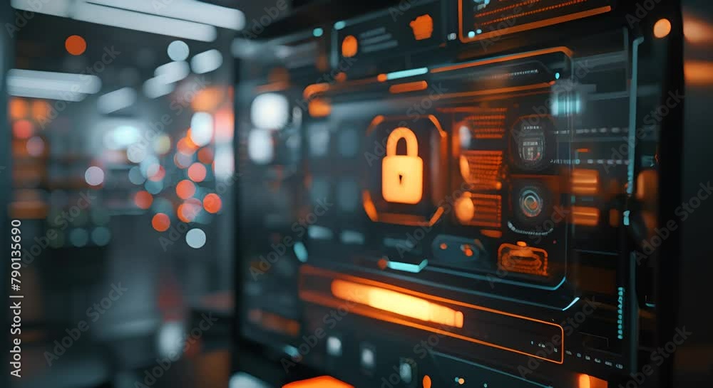 Poster futuristic secure user interface with a glowing orange lock icon in the center.