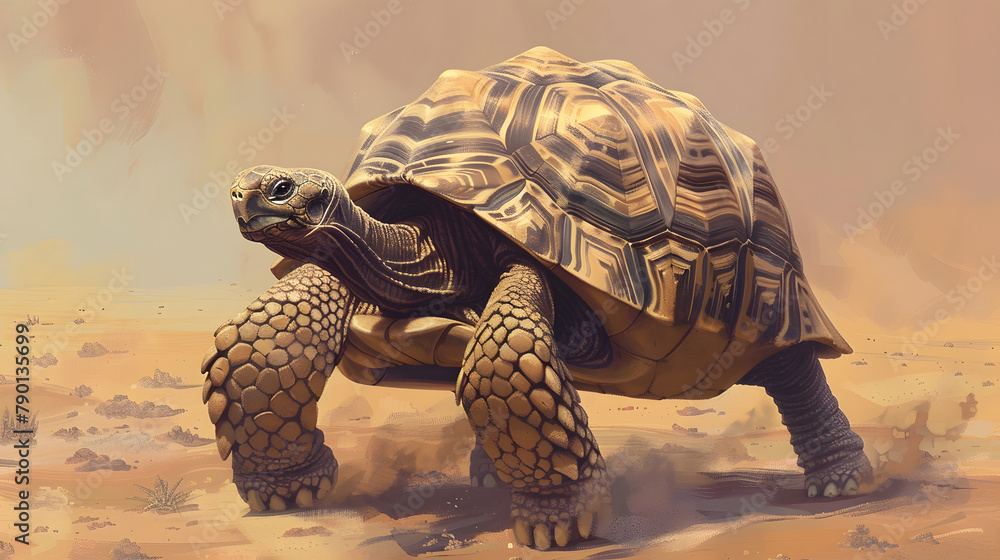 Poster a tortoise in a sturdy shell armor. radiating resilience with its slow pace and unique appearance.