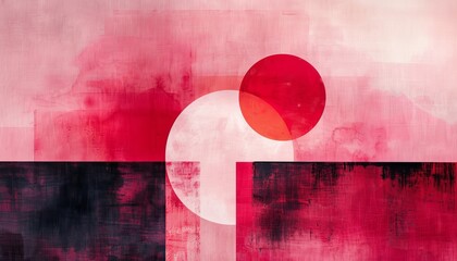 An ethereal journey through abstract patterns in cranberry red and bubblegum colors at the intersection of cross and heaven. Minimalistic with pure solid backgrounds