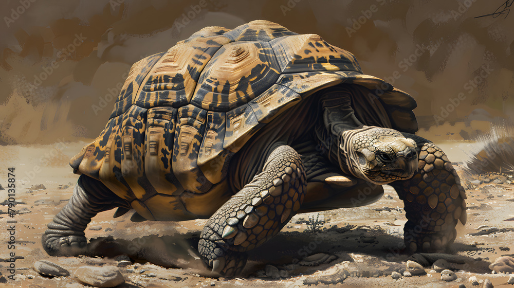 Poster a tortoise in a sturdy shell armor. radiating resilience with its slow pace and unique appearance.