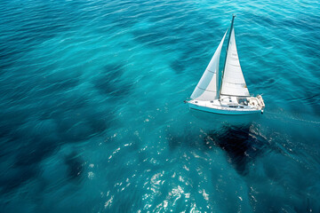A sailboat navigating through clear blue waters, isolated on a marine conservation turquoise background, for World Ocean Day