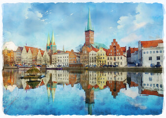 Promenade with medieval houses in Lubeck, Germany. St. Mary's Church in the background. UNESCO World Heritage Site. Watercolor painting.