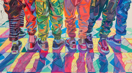 A troop of adolescents linking ankles. arranged in a diamond - obrazy, fototapety, plakaty